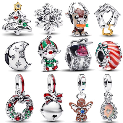 Sparkling Christmas Charms Butterfly Bell Moon Beads Pendants Fit Original Pan Bracelet Necklace DIY Women Jewelry New Year Gift